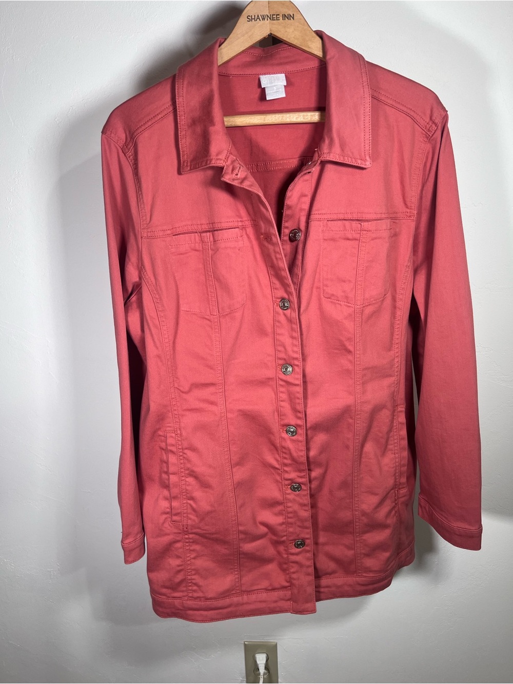 Chicos Women’s Long Button-Front Denim Jacket - dark coral - size 3 (XL/16)